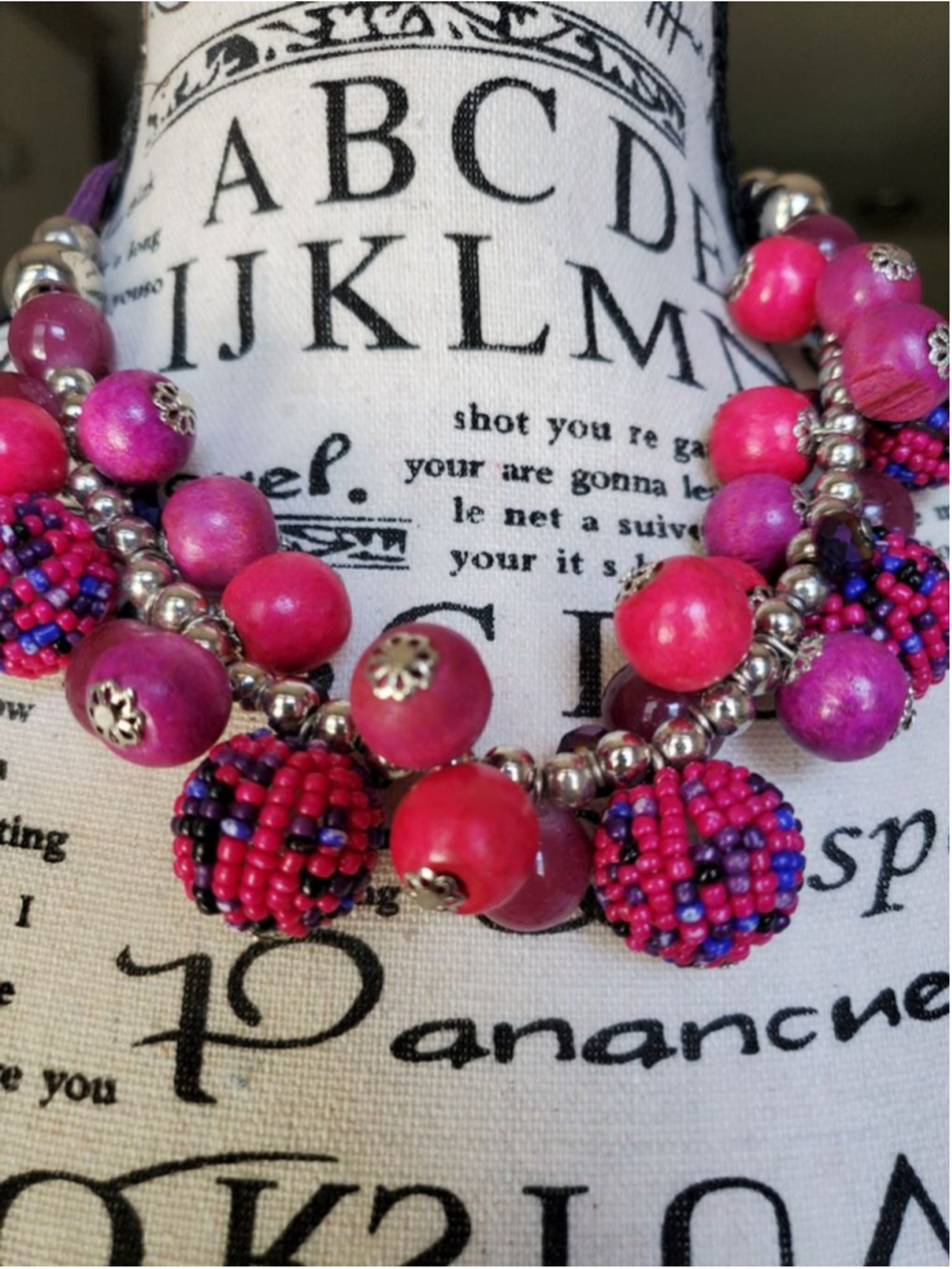 Pink Purple Beaded Statement adjustable Necklace and Earring set
